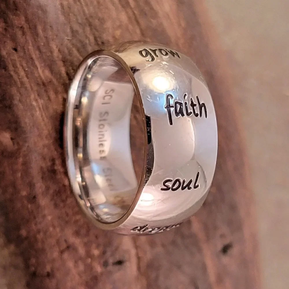 New Wide Nine Word Inspirational Stainless Steel Ring Band
